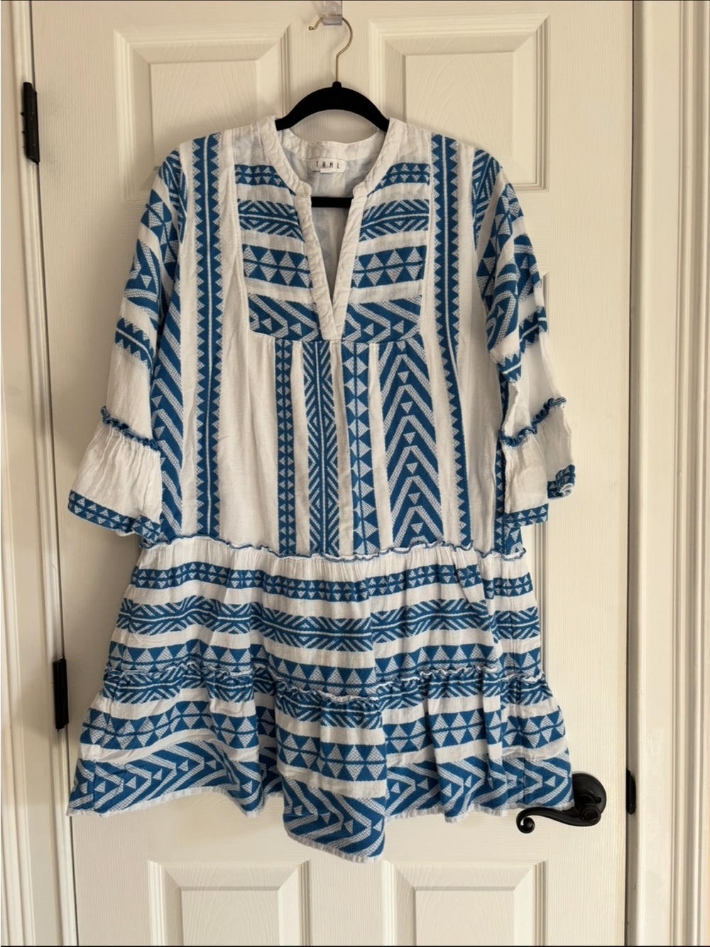 THML Women’s White & Blue Embroidered Boho Tunic Dress